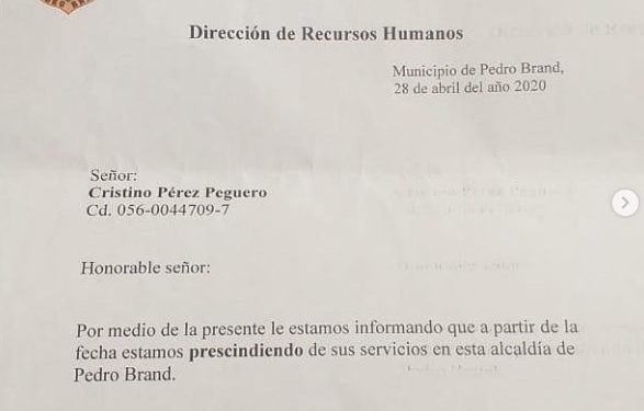 Alcalde de Pedro Brand viola resolución MAP y cancela cientos de empleados.